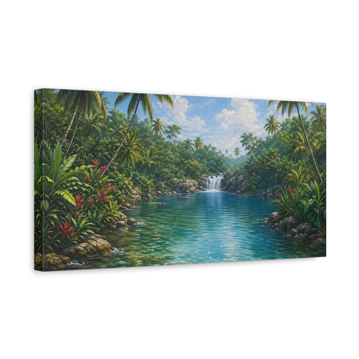 Side Mockup 3. Nature Tropical River Tropical Green Blue shown as stretched canvas wall art