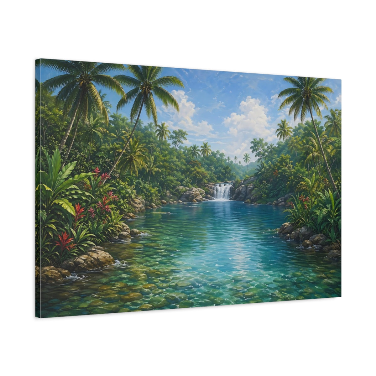 Main Mockup. Nature Tropical River Tropical Blue-Green shown as stretched canvas wall art