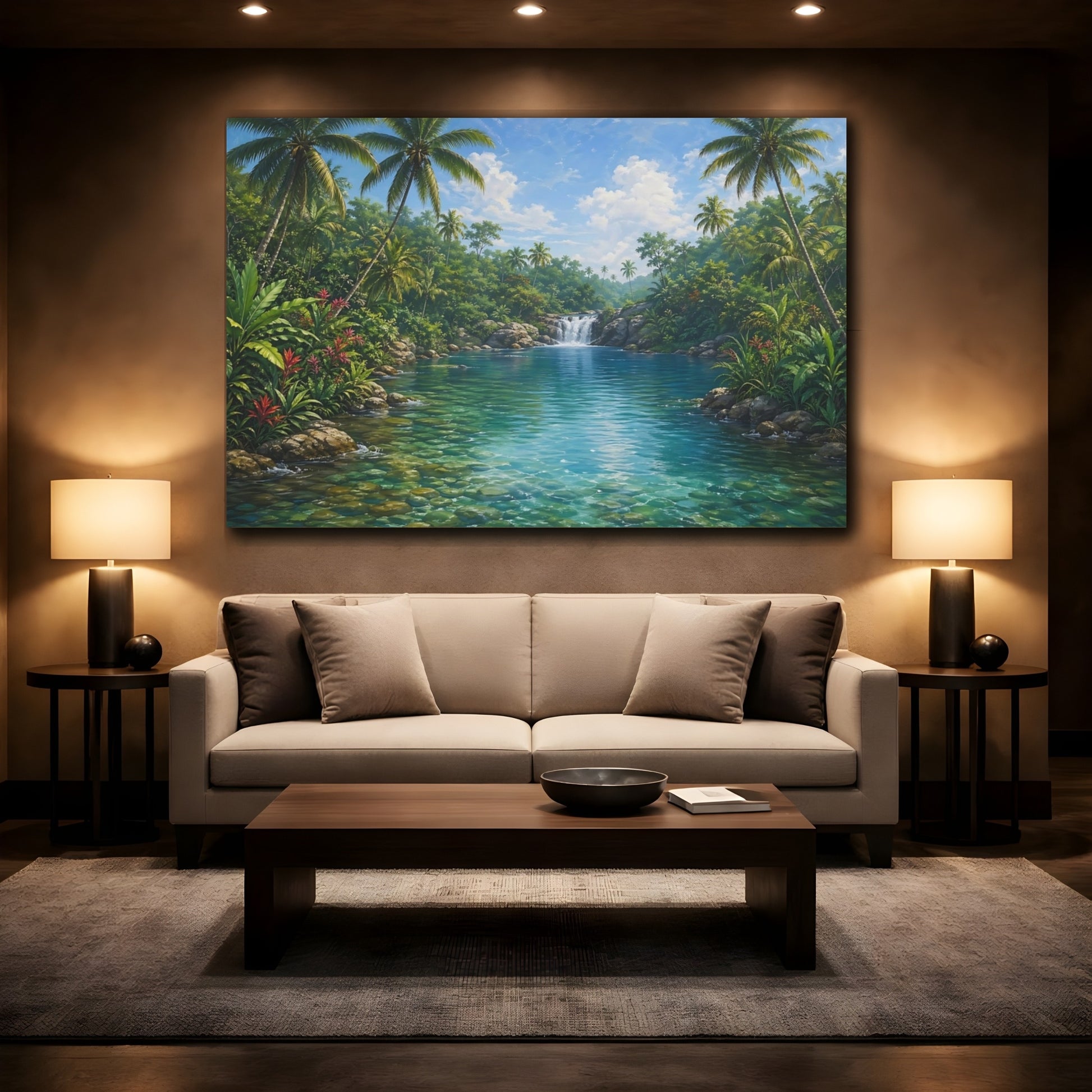 Mockup 2. Nature Tropical River Tropical Blue-Green shown as stretched canvas wall art