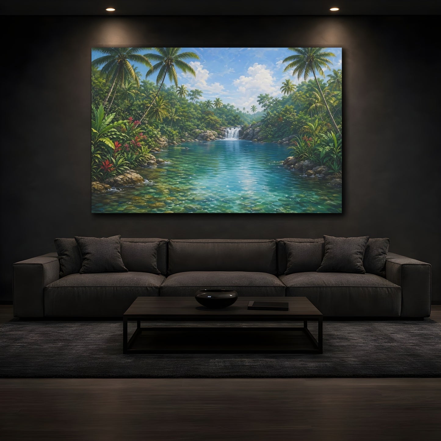 Mockup 3. Nature Tropical River Tropical Blue-Green shown as stretched canvas wall art