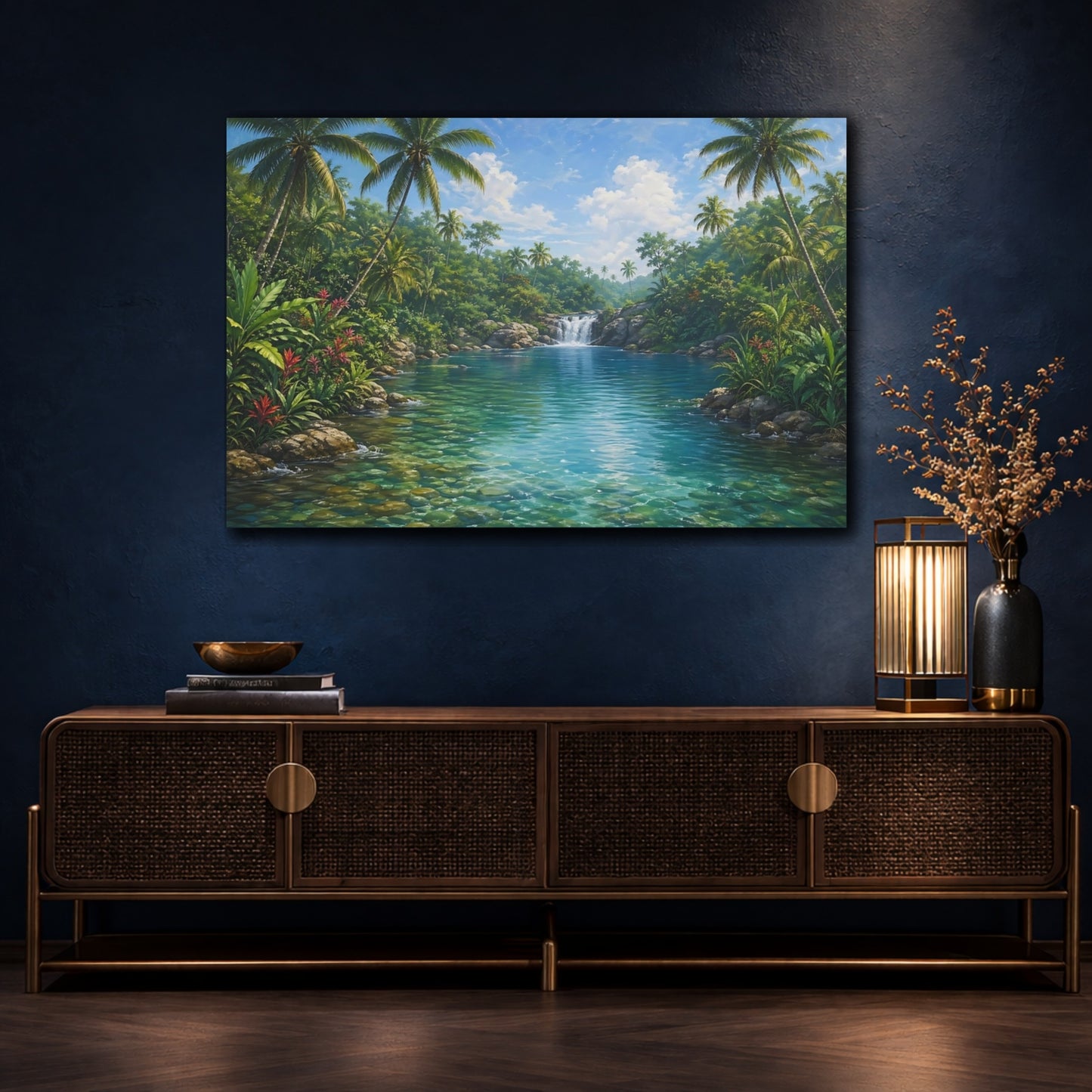 Mockup 4. Nature Tropical River Tropical Blue-Green shown as stretched canvas wall art