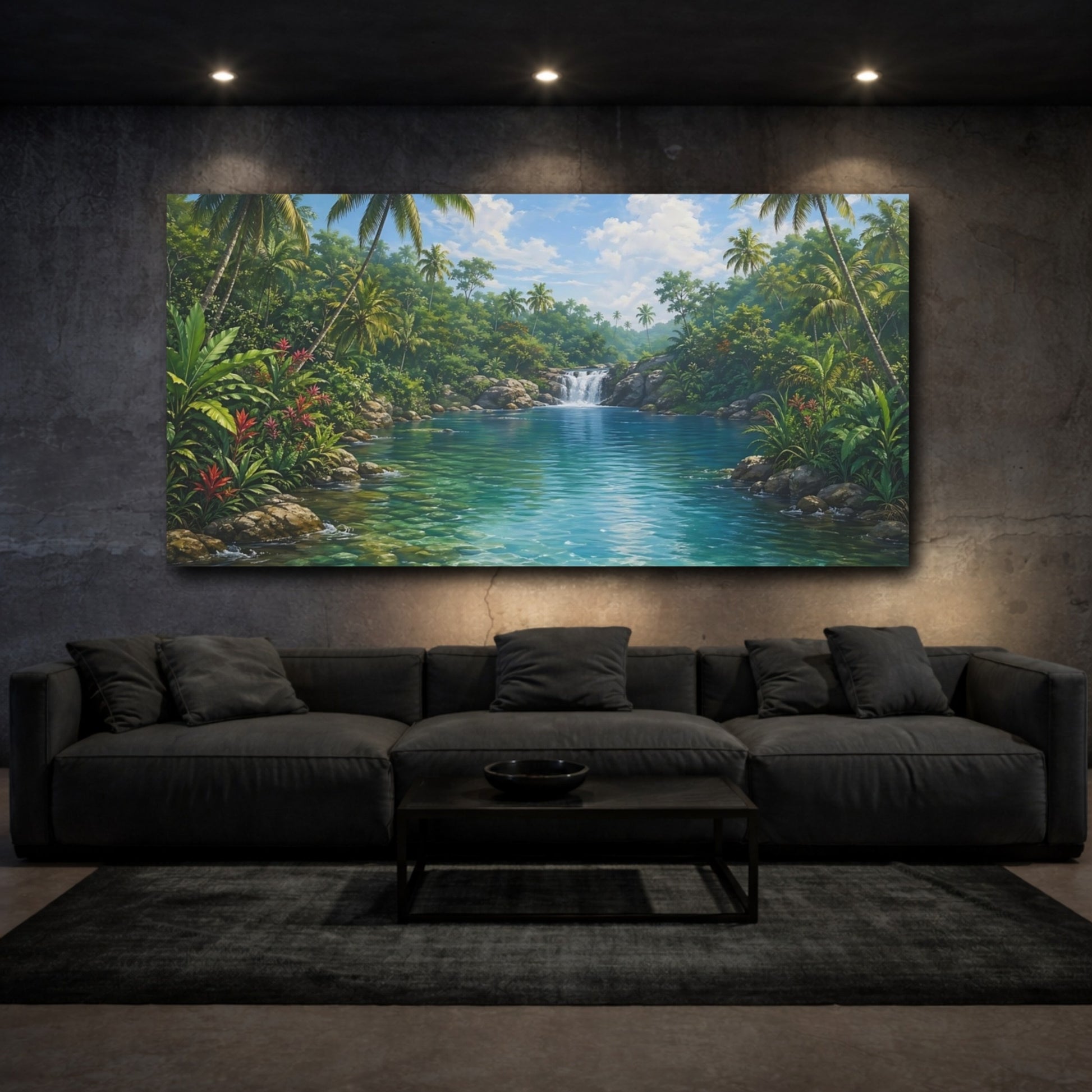 Mockup 2. Nature Tropical River Tropical Green Blue shown as stretched canvas wall art