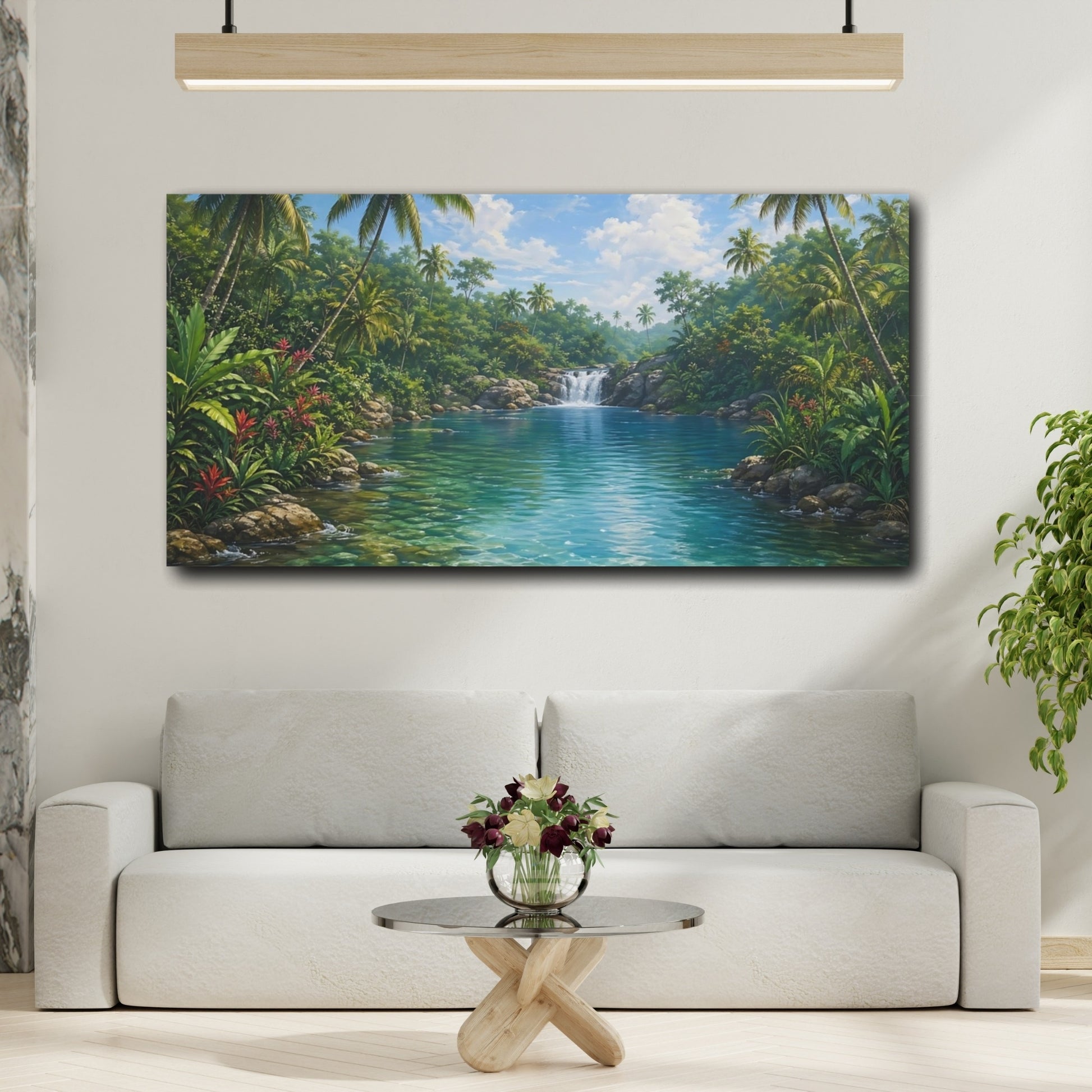 Mockup 3. Nature Tropical River Tropical Green Blue shown as stretched canvas wall art
