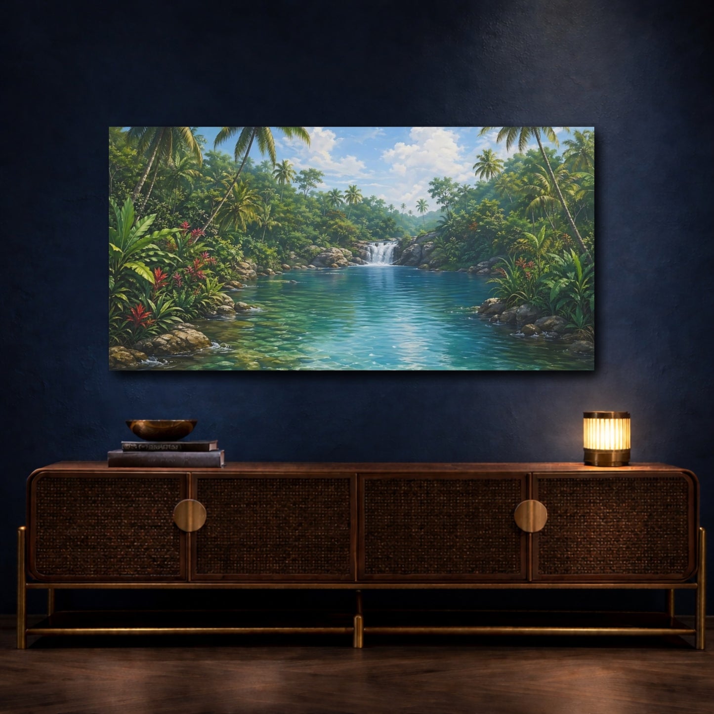 Mockup 4. Nature Tropical River Tropical Green Blue shown as stretched canvas wall art