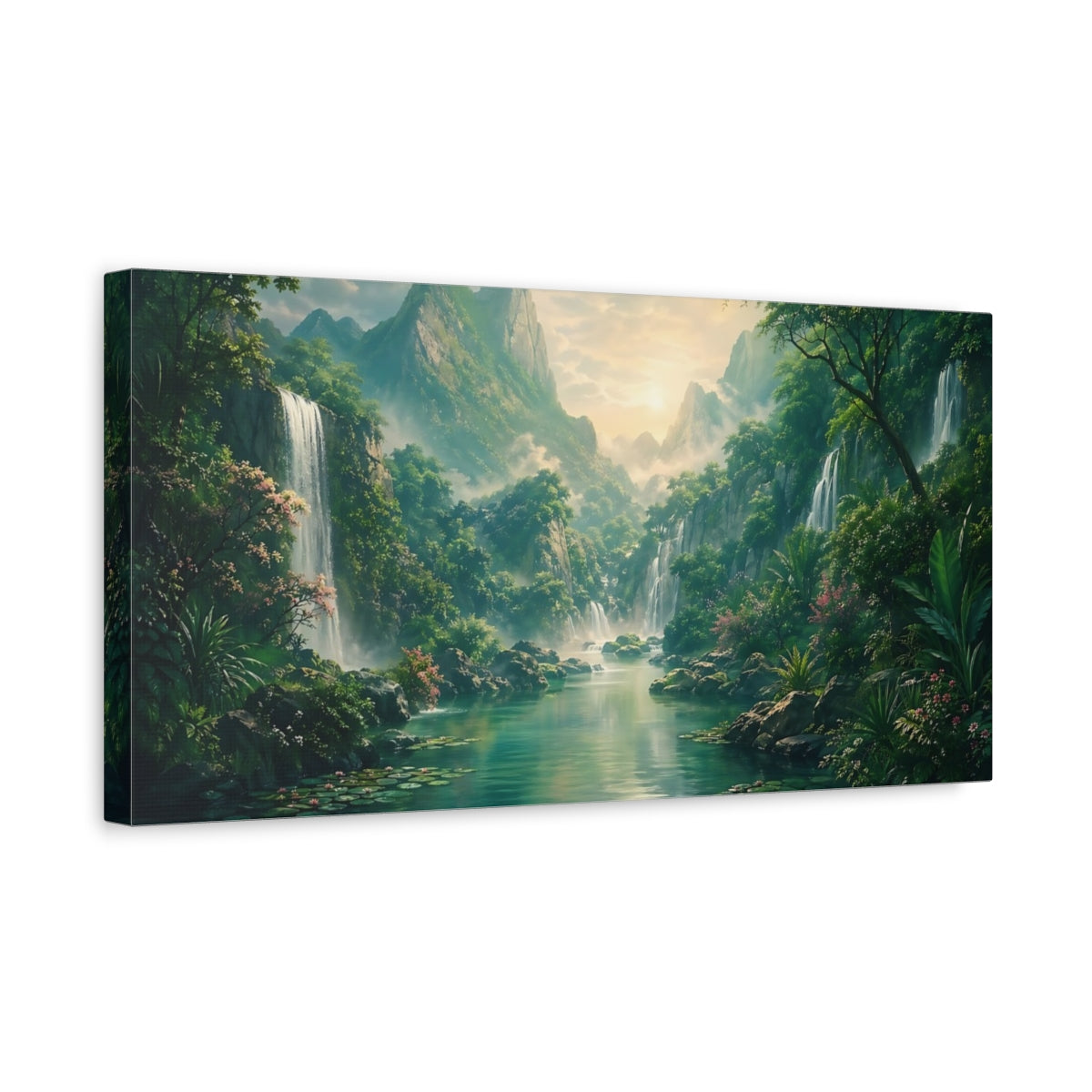 Side Mockup 3. Nature Tropical Waterfall Tropical Landscape shown as stretched canvas wall art