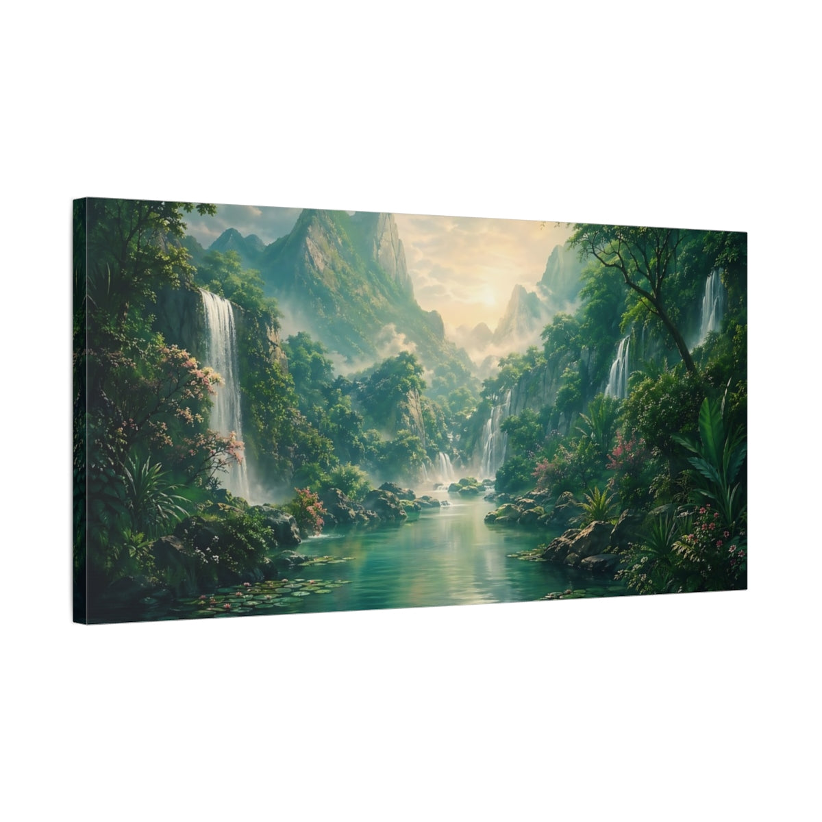 Side Mockup 1. Nature Tropical Waterfall Tropical Landscape shown as stretched canvas wall art