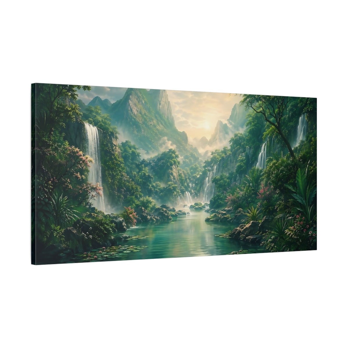 Main Mockup. Nature Tropical Waterfall Tropical Landscape shown as stretched canvas wall art