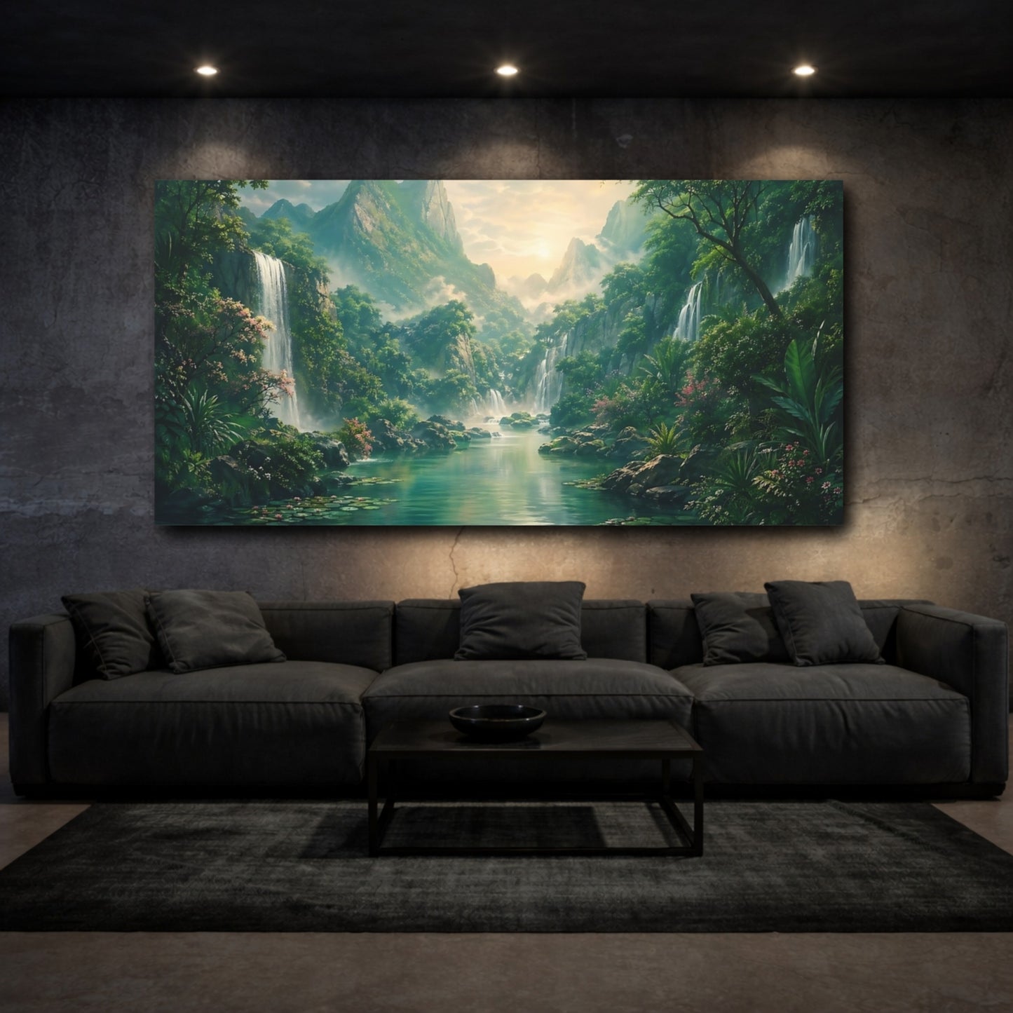 Mockup 2. Nature Tropical Waterfall Tropical Landscape shown as stretched canvas wall art