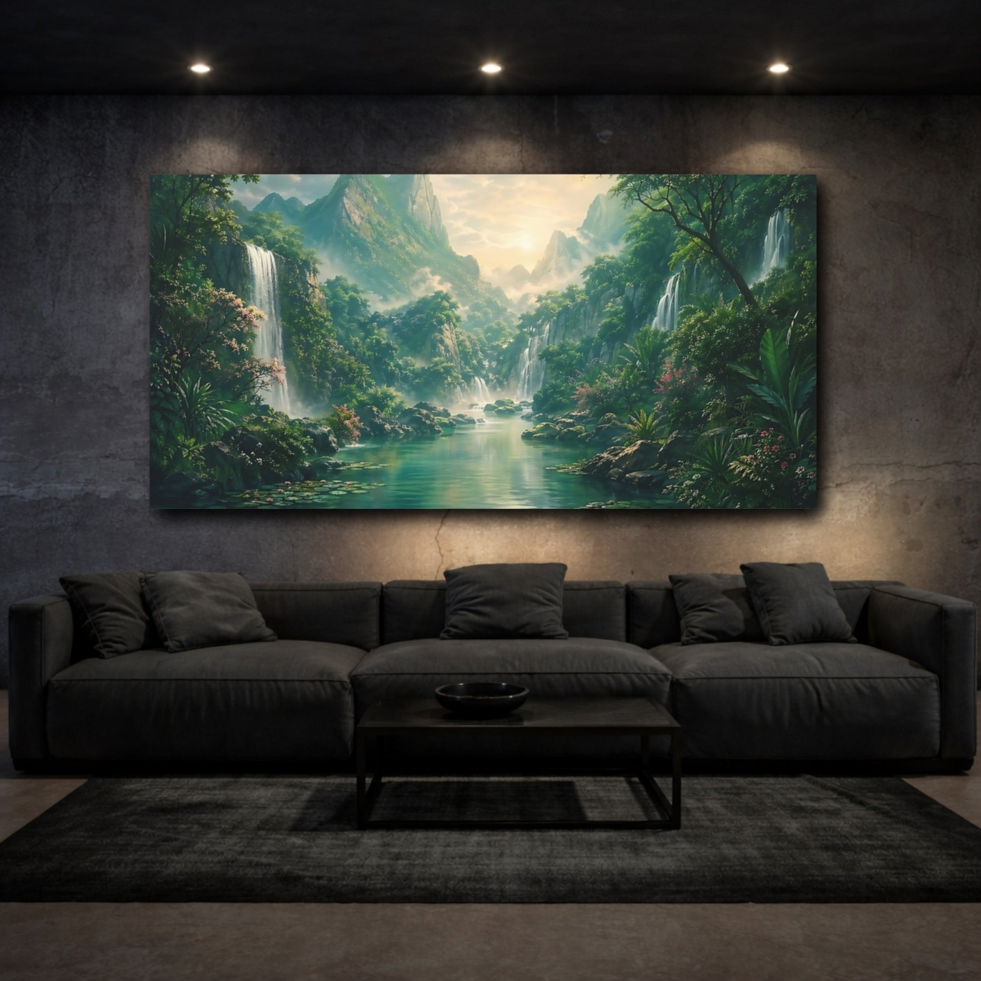 Mockup 2. Nature Tropical Waterfall Tropical Landscape shown as stretched canvas wall art