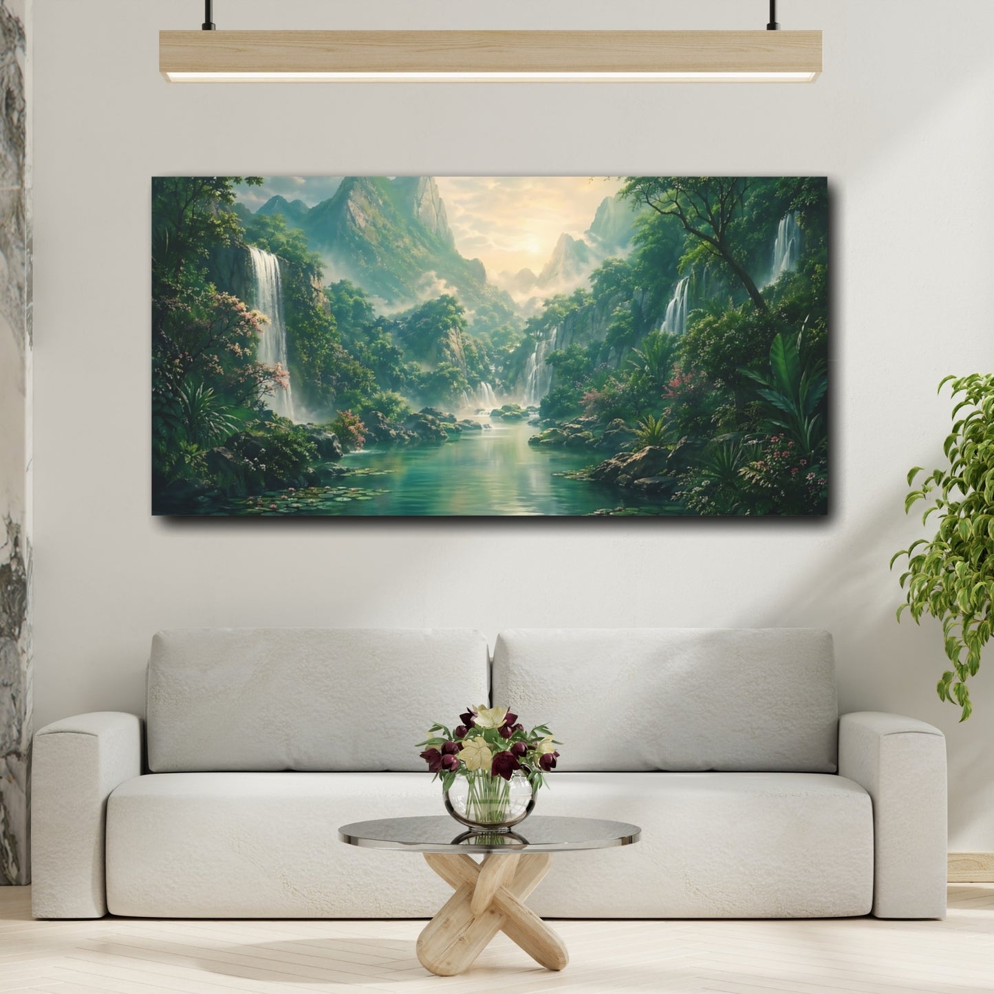 Mockup 3. Nature Tropical Waterfall Tropical Landscape shown as stretched canvas wall art