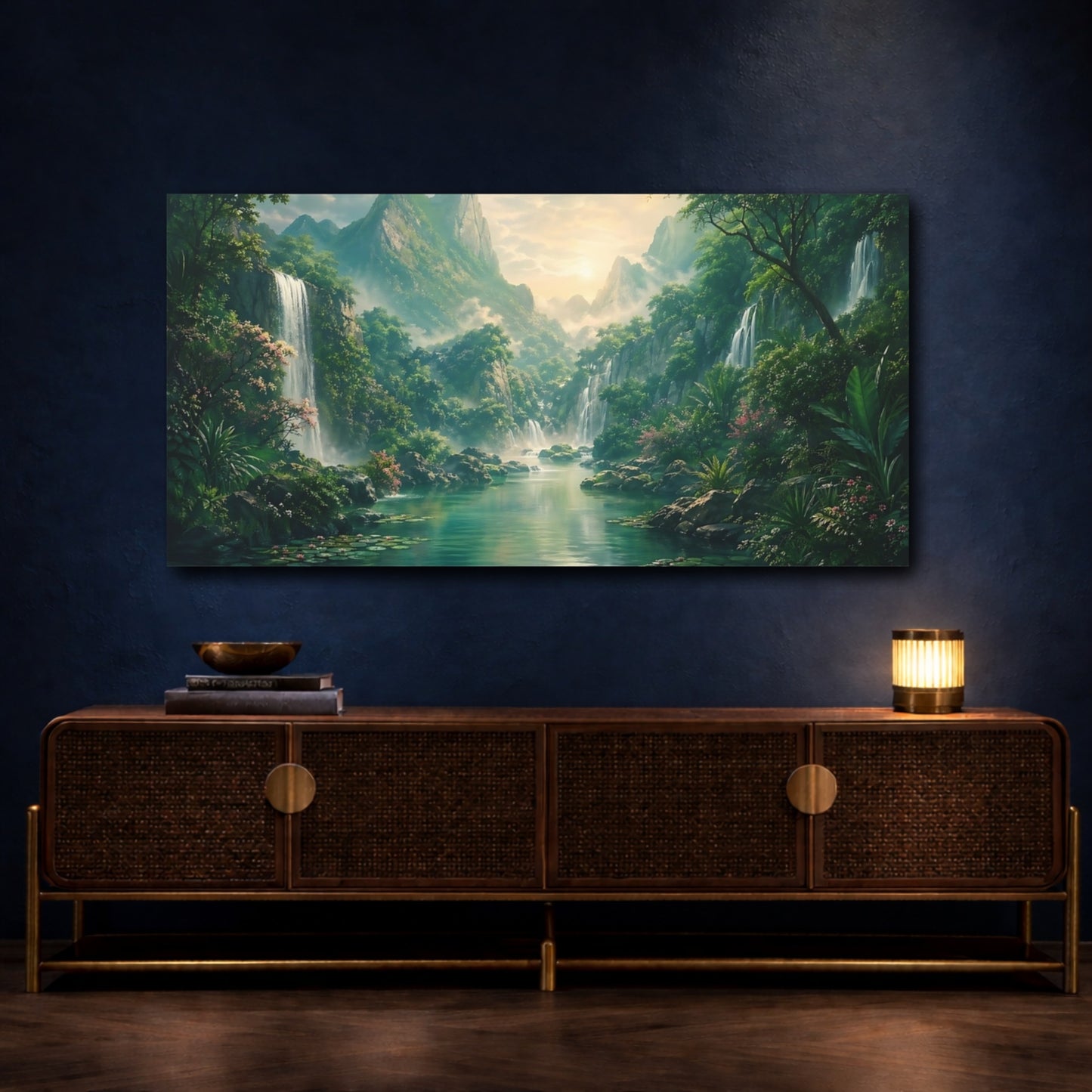 Mockup 4. Nature Tropical Waterfall Tropical Landscape shown as stretched canvas wall art
