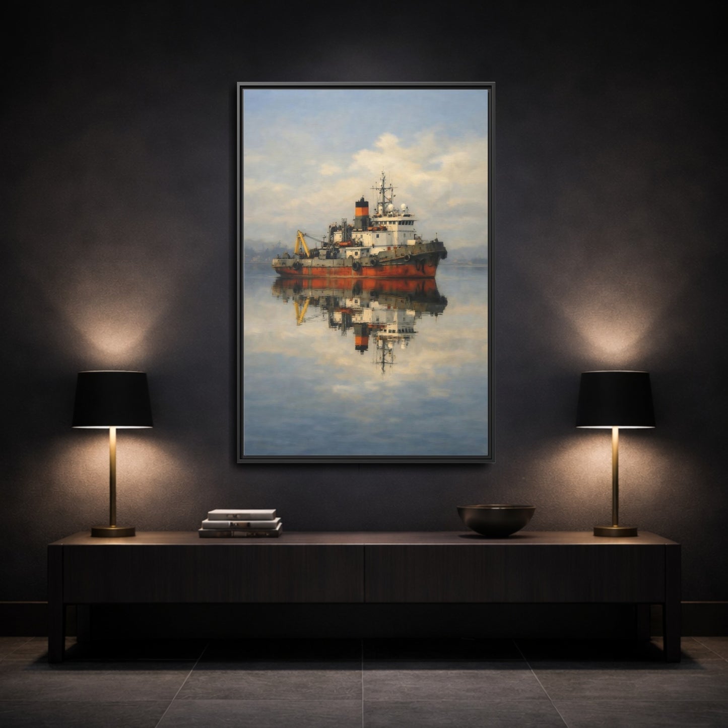 Mockup 2. Nature Tugboat Red Tugboat shown as stretched canvas wall art