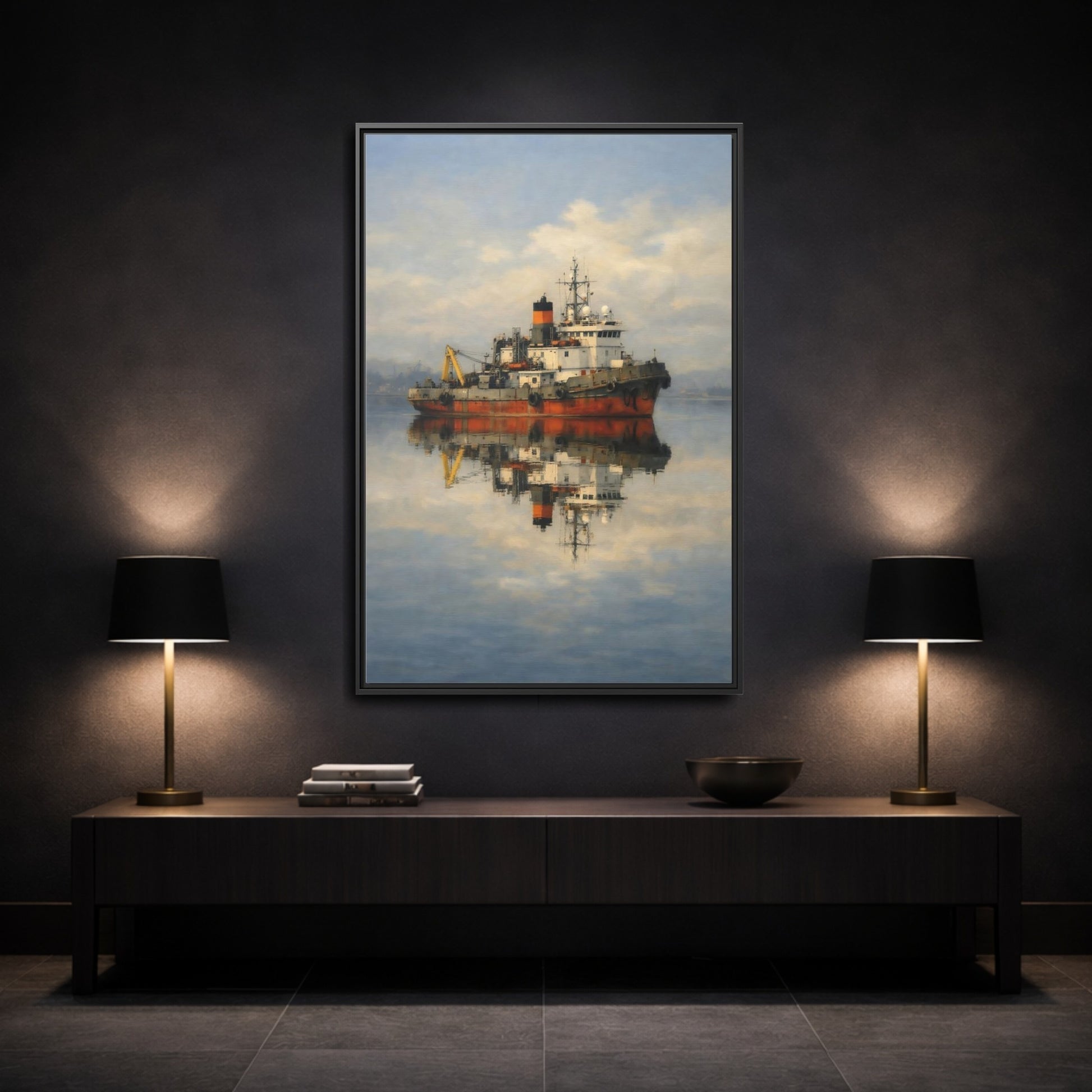 Mockup 2. Nature Tugboat Red Tugboat shown as stretched canvas wall art