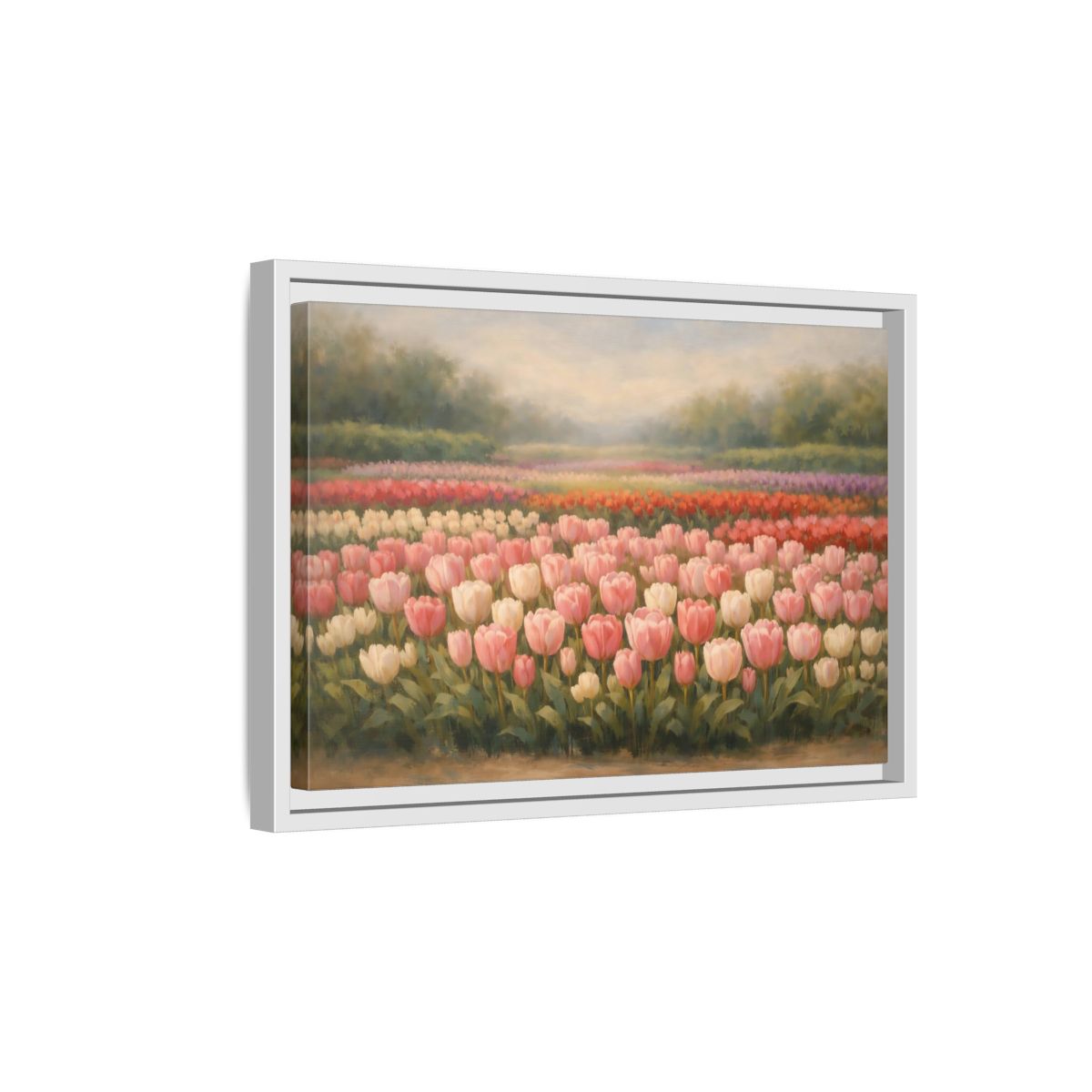 Side Mockup 4. Nature Tulips Pink Tulip Field shown as stretched canvas wall art