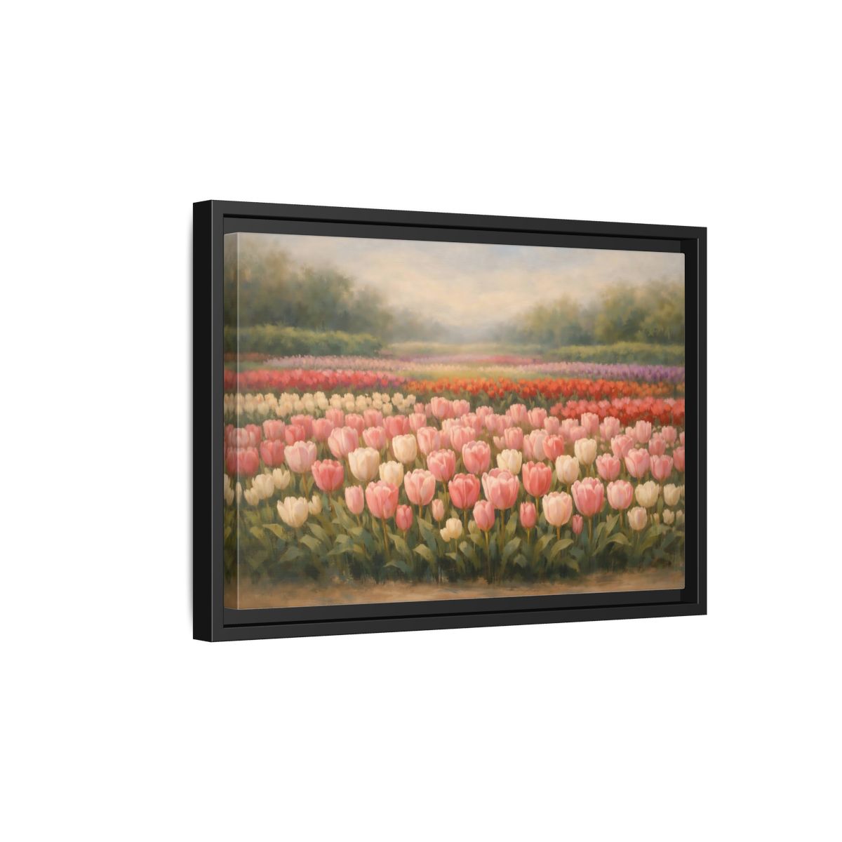 Side Mockup 6. Nature Tulips Pink Tulip Field shown as stretched canvas wall art