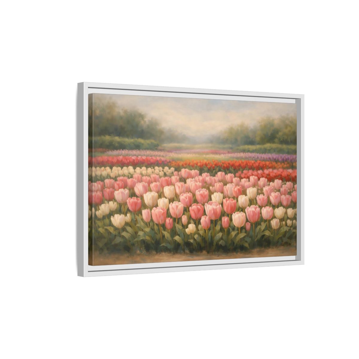 Side Mockup 1. Nature Tulips Pink Tulip Field shown as stretched canvas wall art
