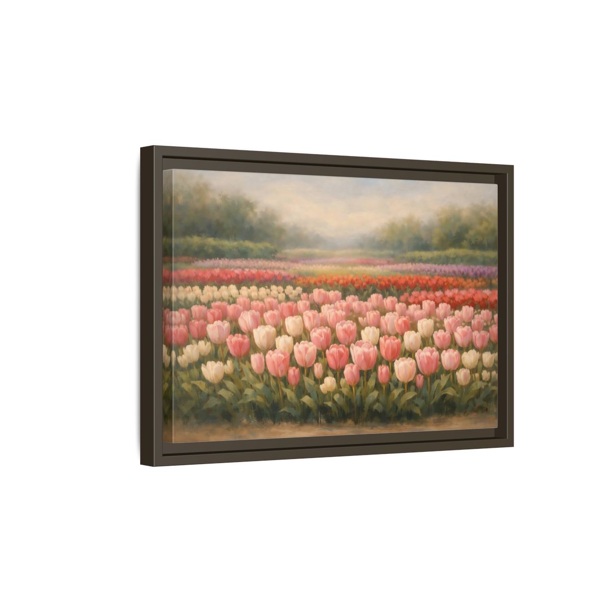 Side Mockup 5. Nature Tulips Pink Tulip Field shown as stretched canvas wall art