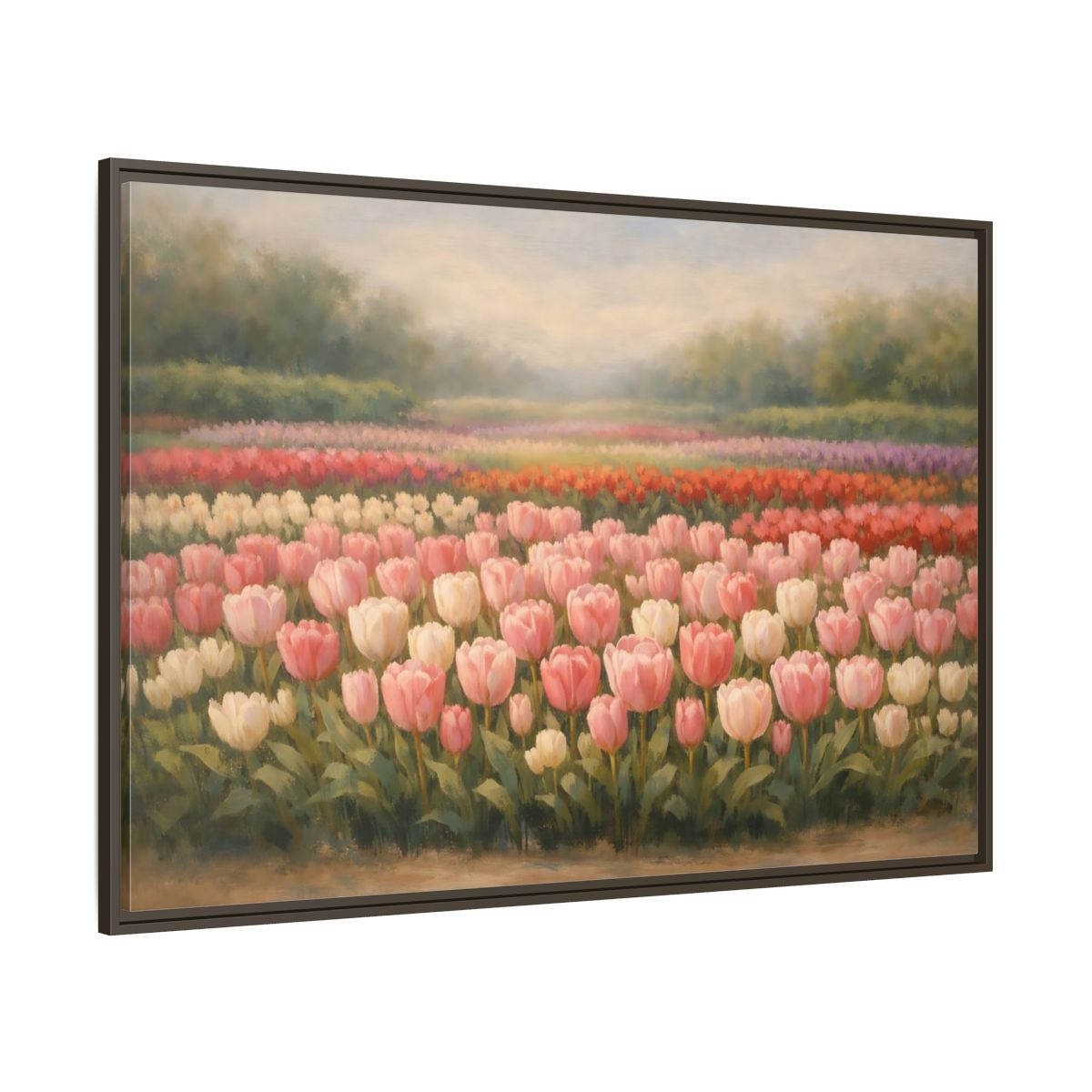 Main Mockup. Nature Tulips Pink Tulip Field shown as stretched canvas wall art