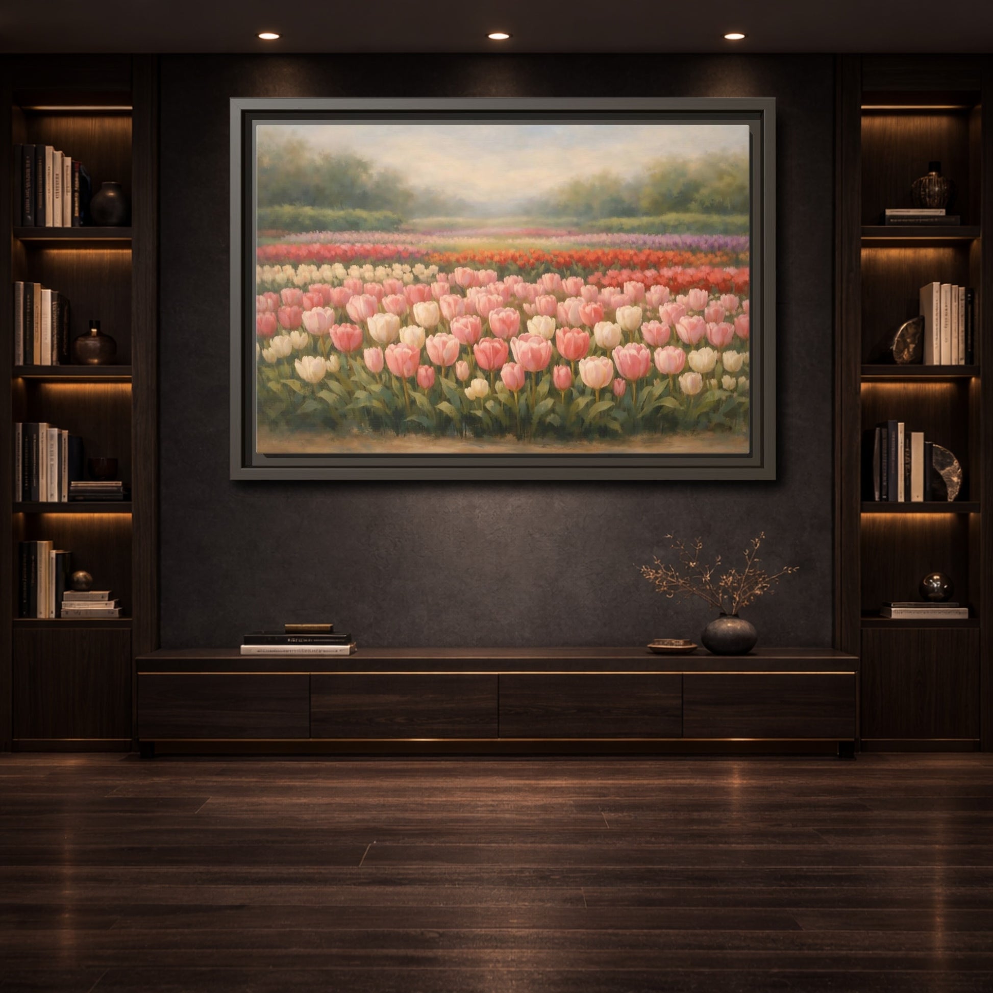 Mockup 3. Nature Tulips Pink Tulip Field shown as stretched canvas wall art