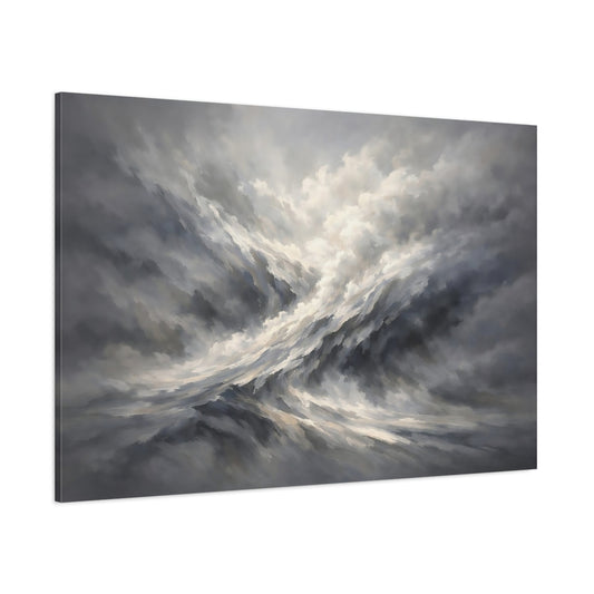 Main Mockup. Nature Turbulent Clouds Grey And White shown as stretched canvas wall art