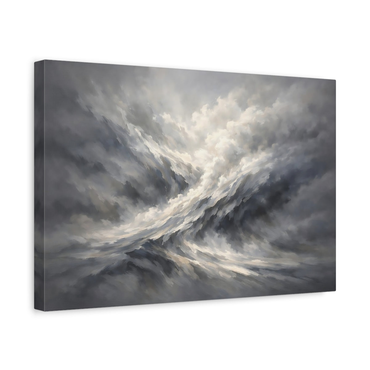 Side Mockup 4. Nature Turbulent Clouds Grey And White shown as stretched canvas wall art