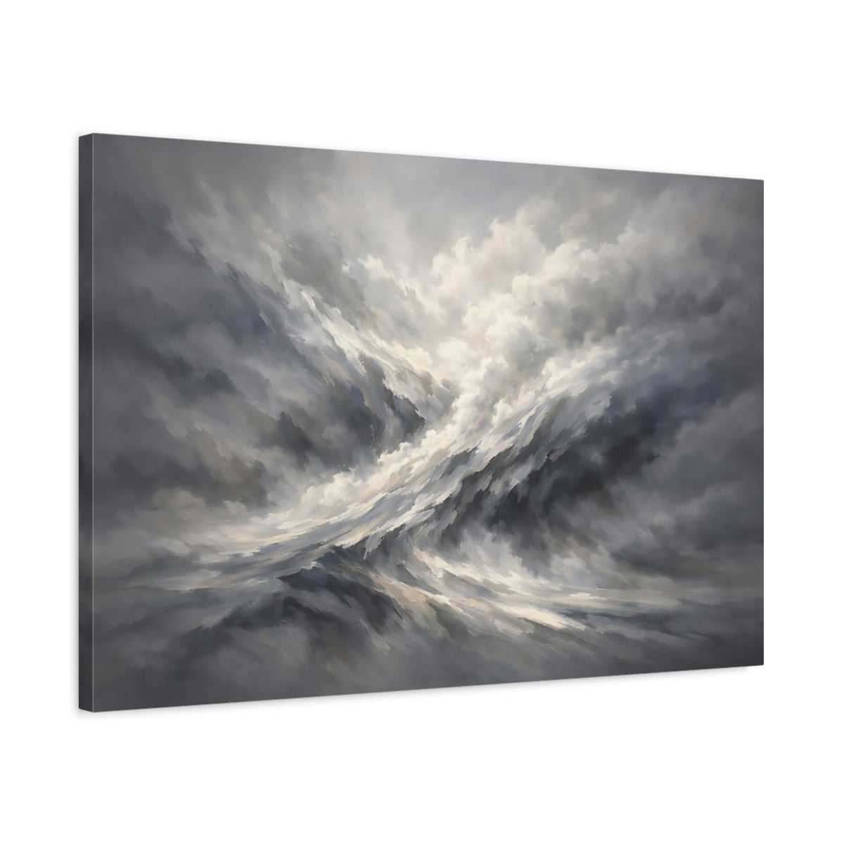 Side Mockup 2. Nature Turbulent Clouds Grey And White shown as stretched canvas wall art