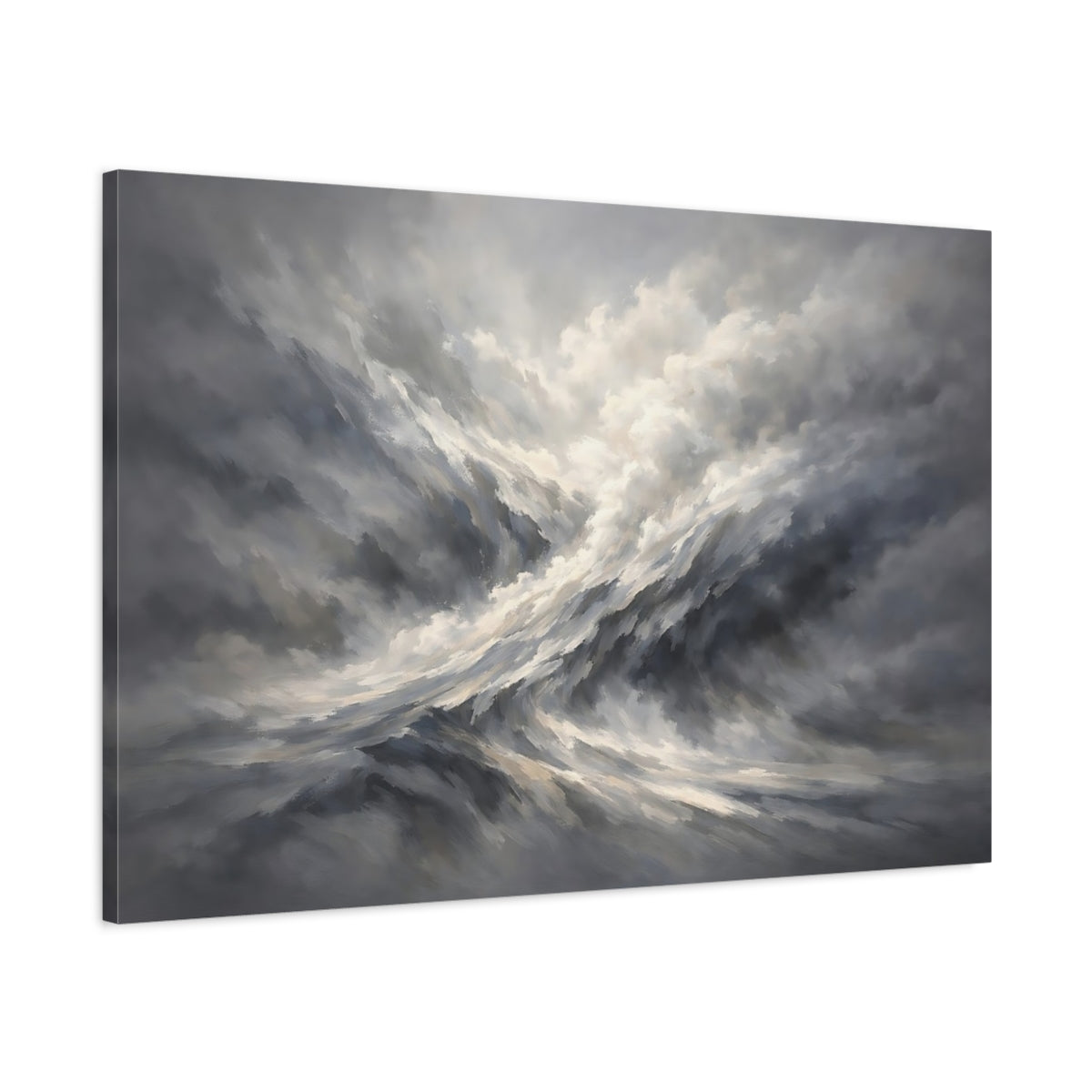 Side Mockup 1. Nature Turbulent Clouds Grey And White shown as stretched canvas wall art