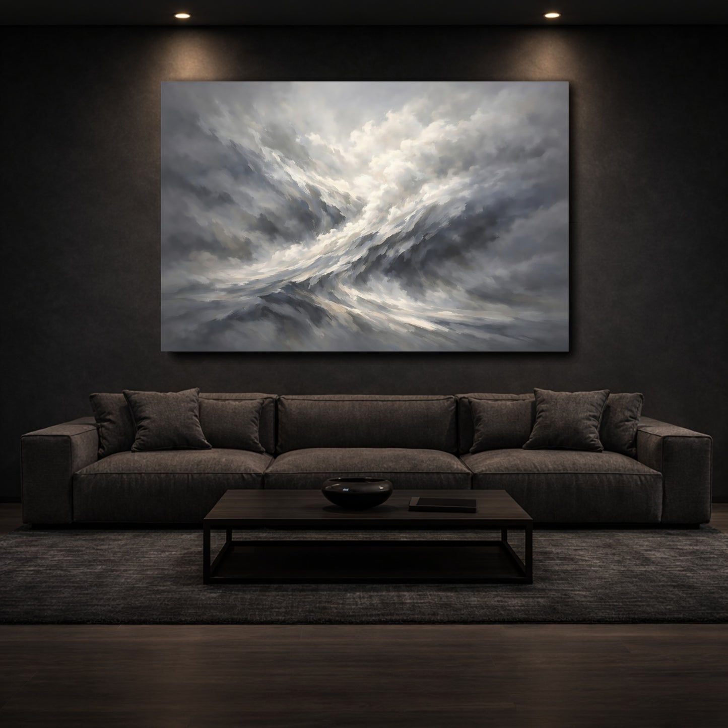 Mockup 2. Nature Turbulent Clouds Grey And White shown as stretched canvas wall art