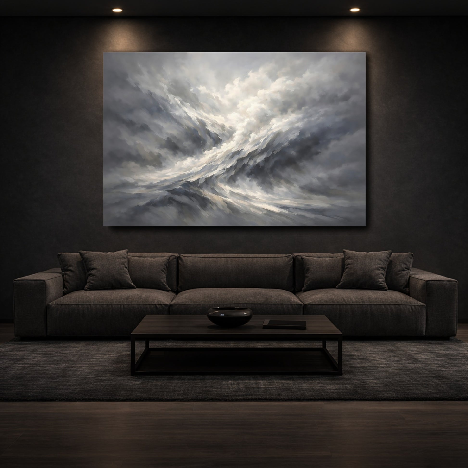 Mockup 2. Nature Turbulent Clouds Grey And White shown as stretched canvas wall art