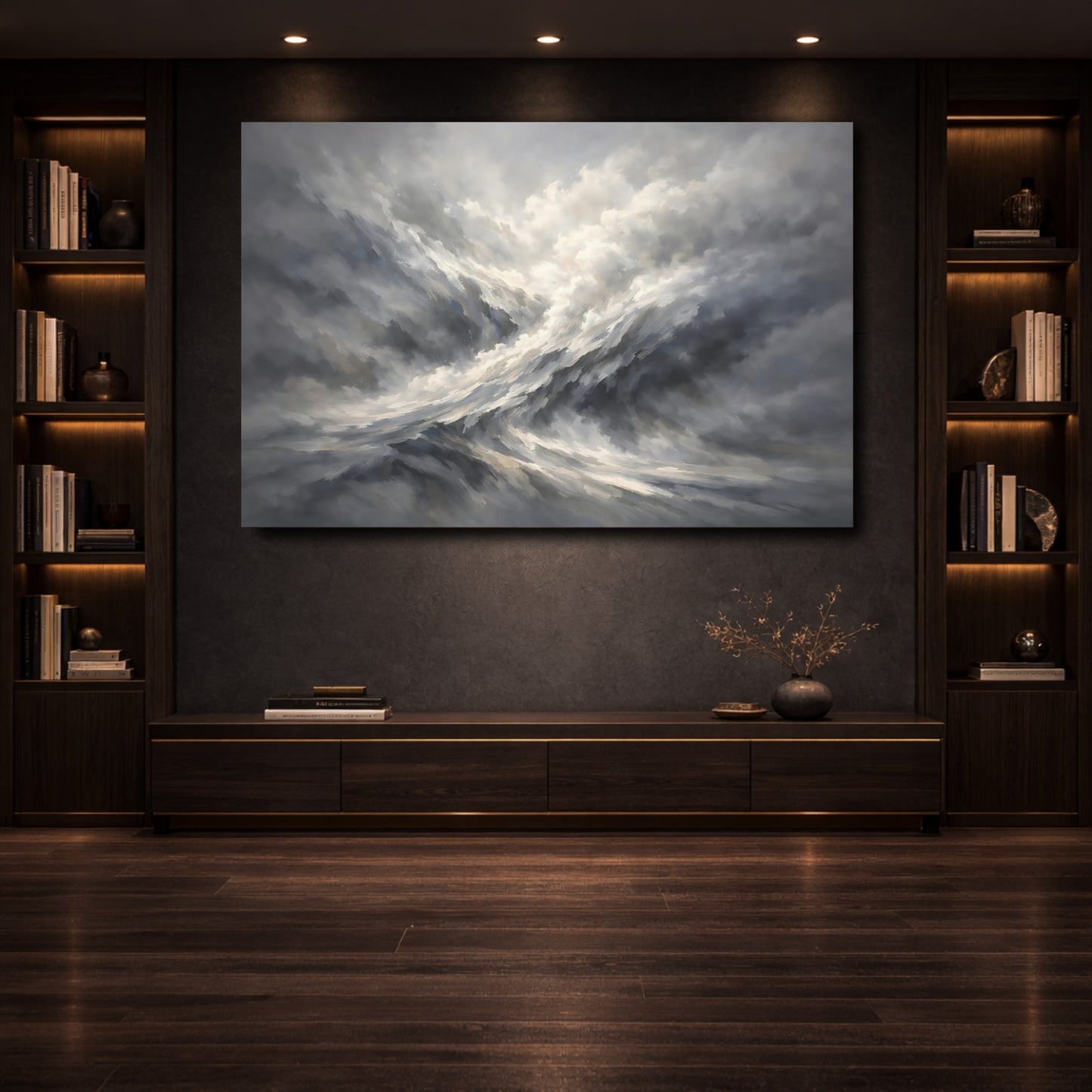 Mockup 3. Nature Turbulent Clouds Grey And White shown as stretched canvas wall art