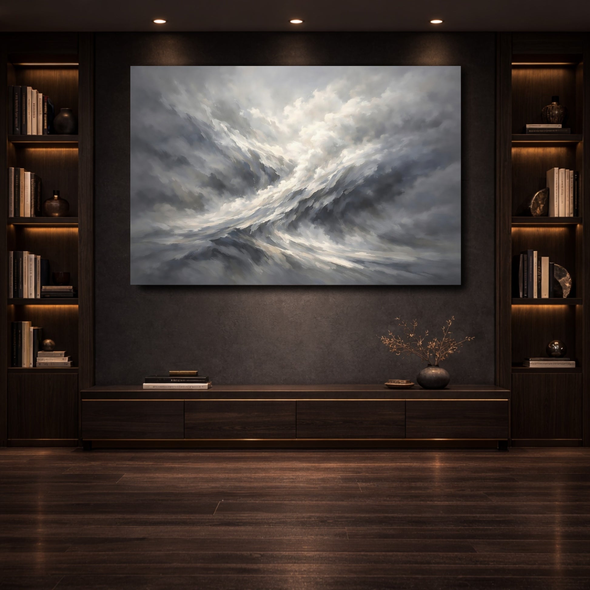 Mockup 3. Nature Turbulent Clouds Grey And White shown as stretched canvas wall art