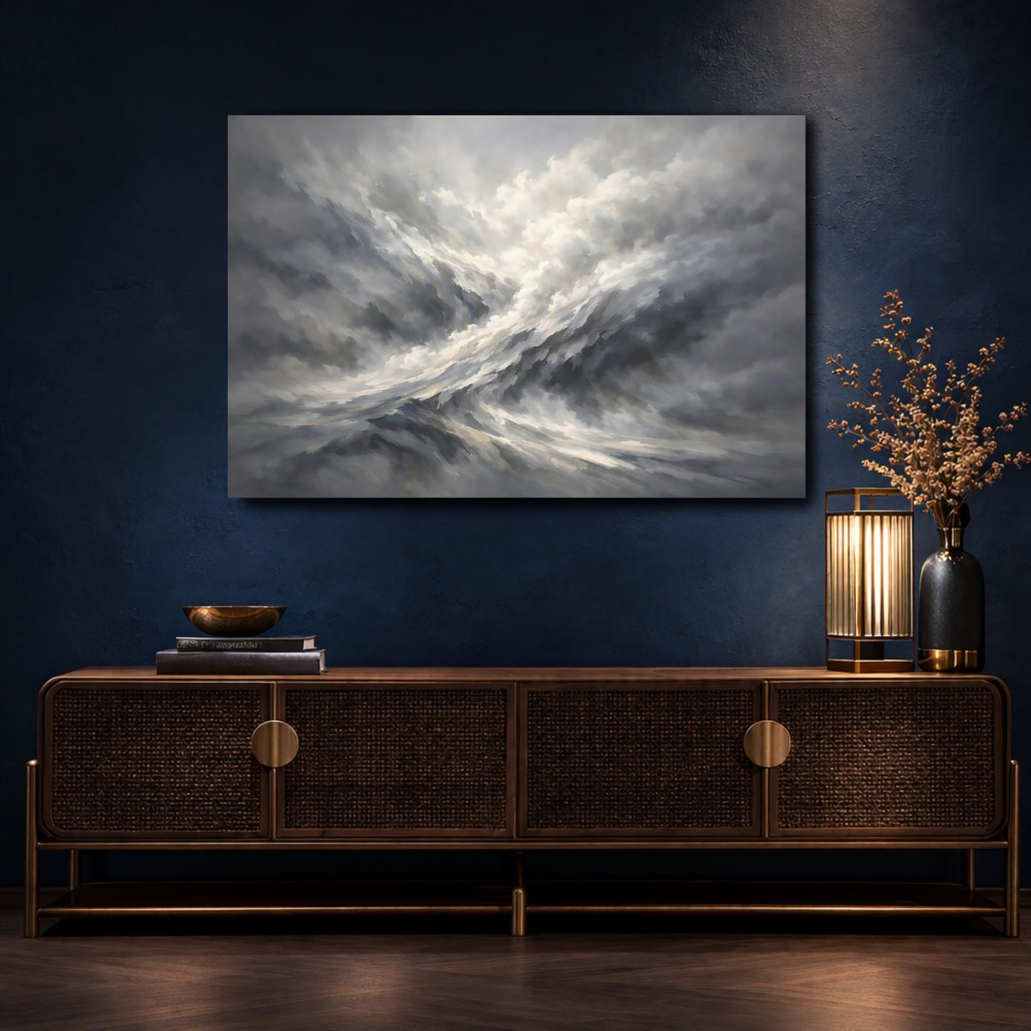 Mockup 4. Nature Turbulent Clouds Grey And White shown as stretched canvas wall art