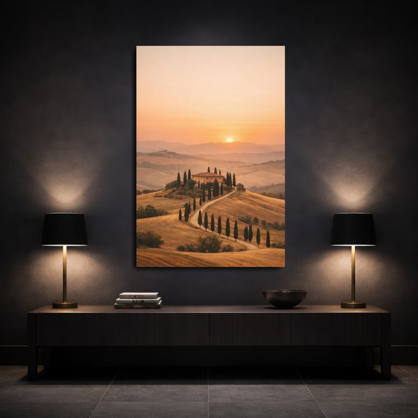 Mockup 2. Nature Tuscan Landscape Tuscan Sunset Landscape shown as stretched canvas wall art