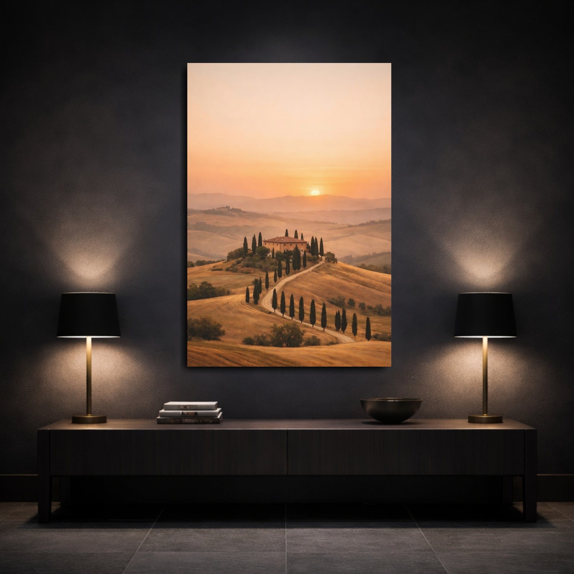 Mockup 2. Nature Tuscan Landscape Tuscan Sunset Landscape shown as stretched canvas wall art