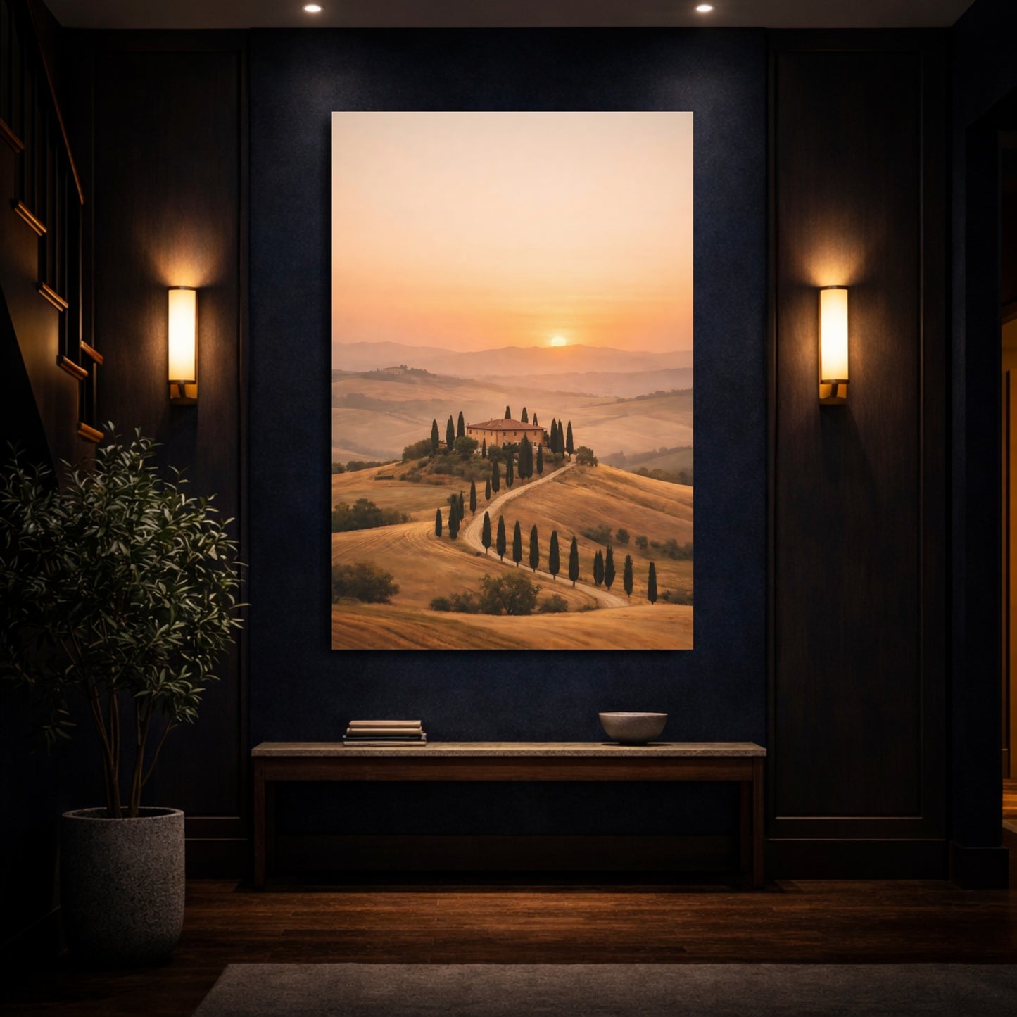 Mockup 3. Nature Tuscan Landscape Tuscan Sunset Landscape shown as stretched canvas wall art