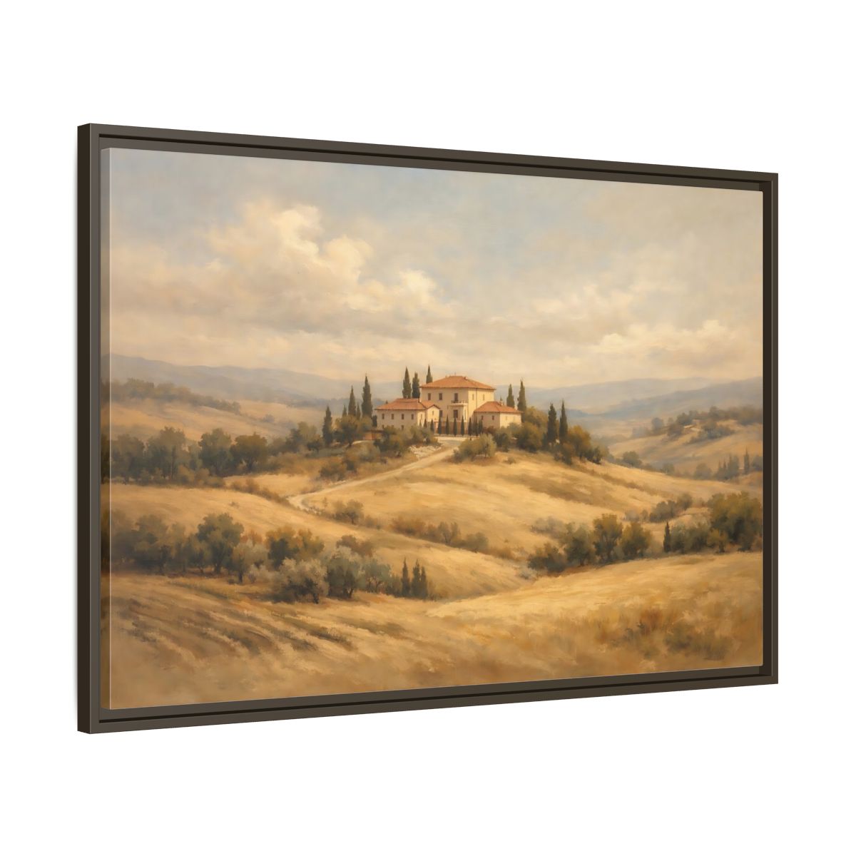 Side Mockup 9. Nature Tuscan Villa Brown And Gold Landscape shown as stretched canvas wall art