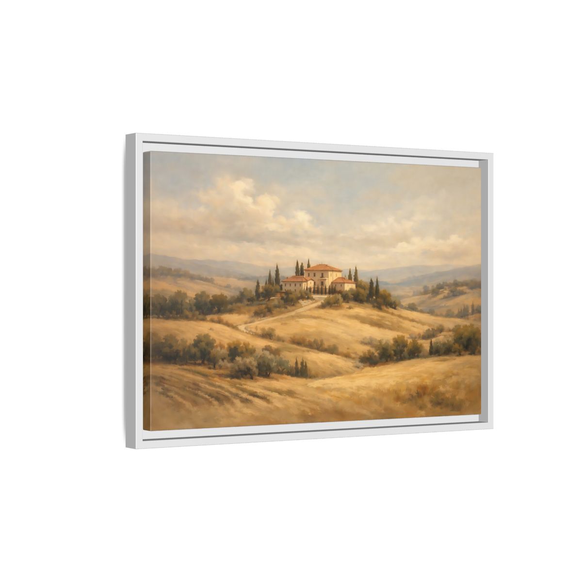 Side Mockup 1. Nature Tuscan Villa Brown And Gold Landscape shown as stretched canvas wall art