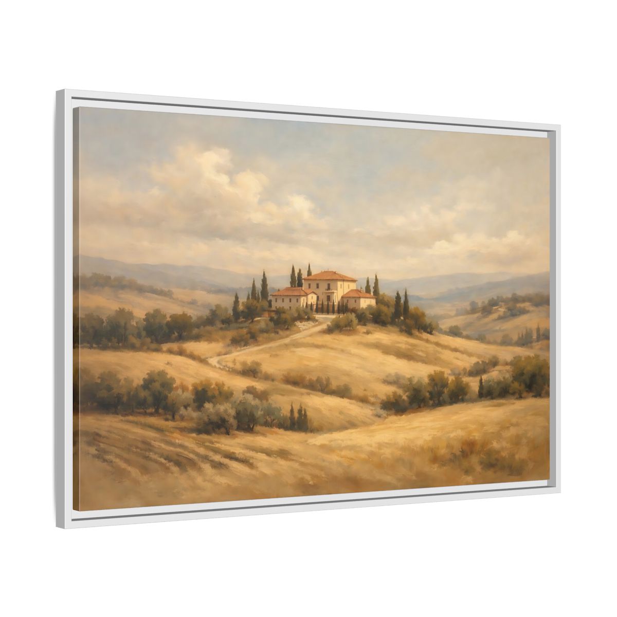 Side Mockup 8. Nature Tuscan Villa Brown And Gold Landscape shown as stretched canvas wall art