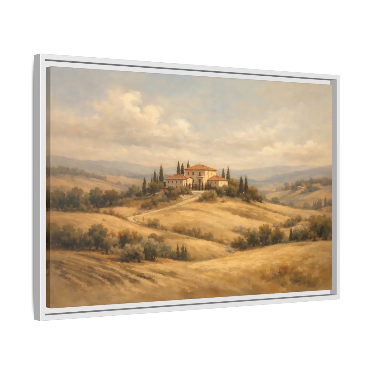 Side Mockup 10. Nature Tuscan Villa Brown And Gold Landscape shown as stretched canvas wall art