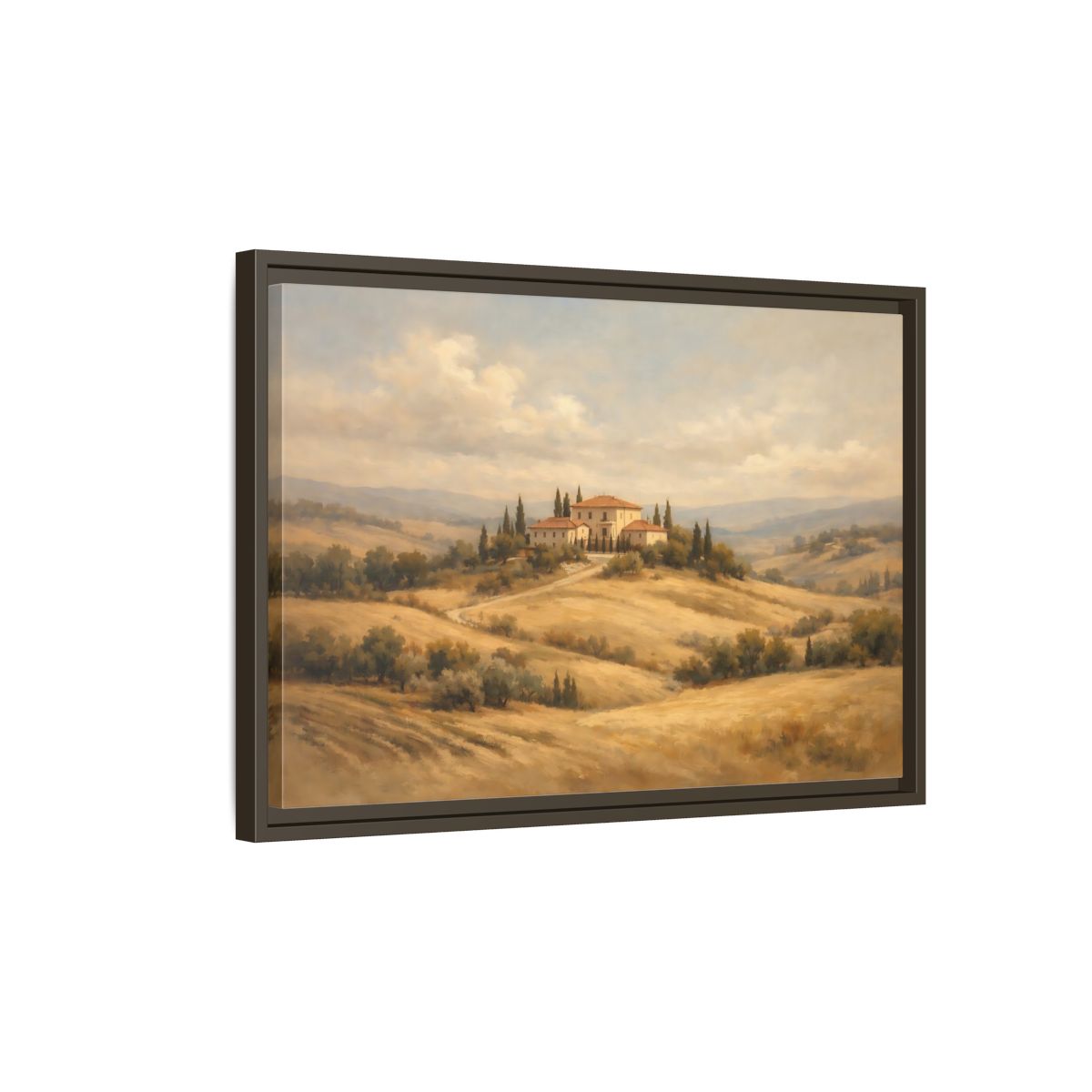 Side Mockup 2. Nature Tuscan Villa Brown And Gold Landscape shown as stretched canvas wall art