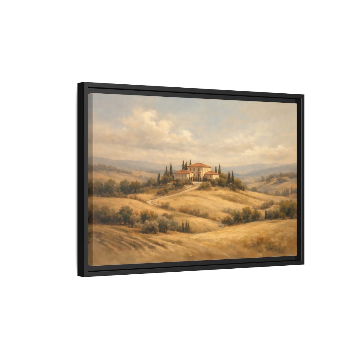 Side Mockup 3. Nature Tuscan Villa Brown And Gold Landscape shown as stretched canvas wall art