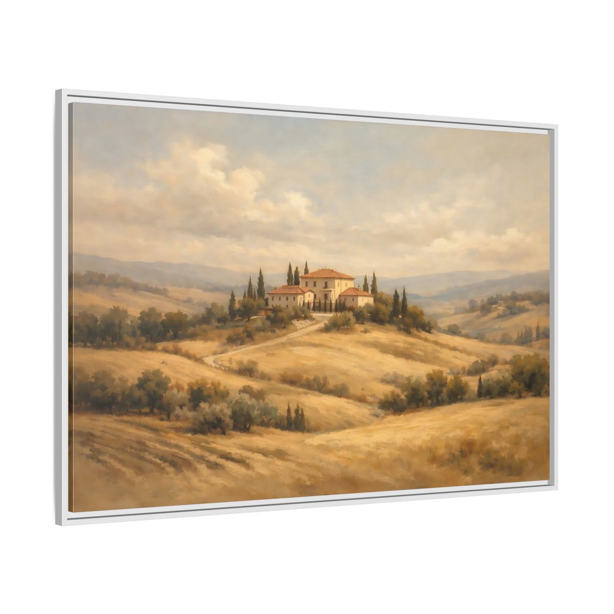 Side Mockup 7. Nature Tuscan Villa Brown And Gold Landscape shown as stretched canvas wall art