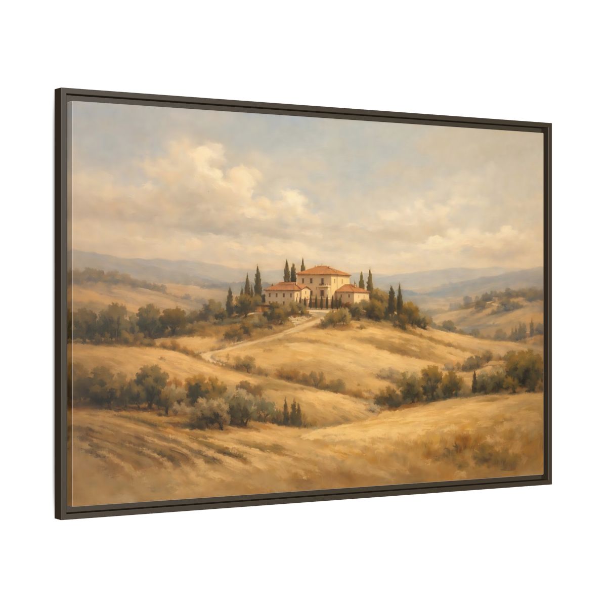 Main Mockup. Nature Tuscan Villa Brown And Gold Landscape shown as stretched canvas wall art