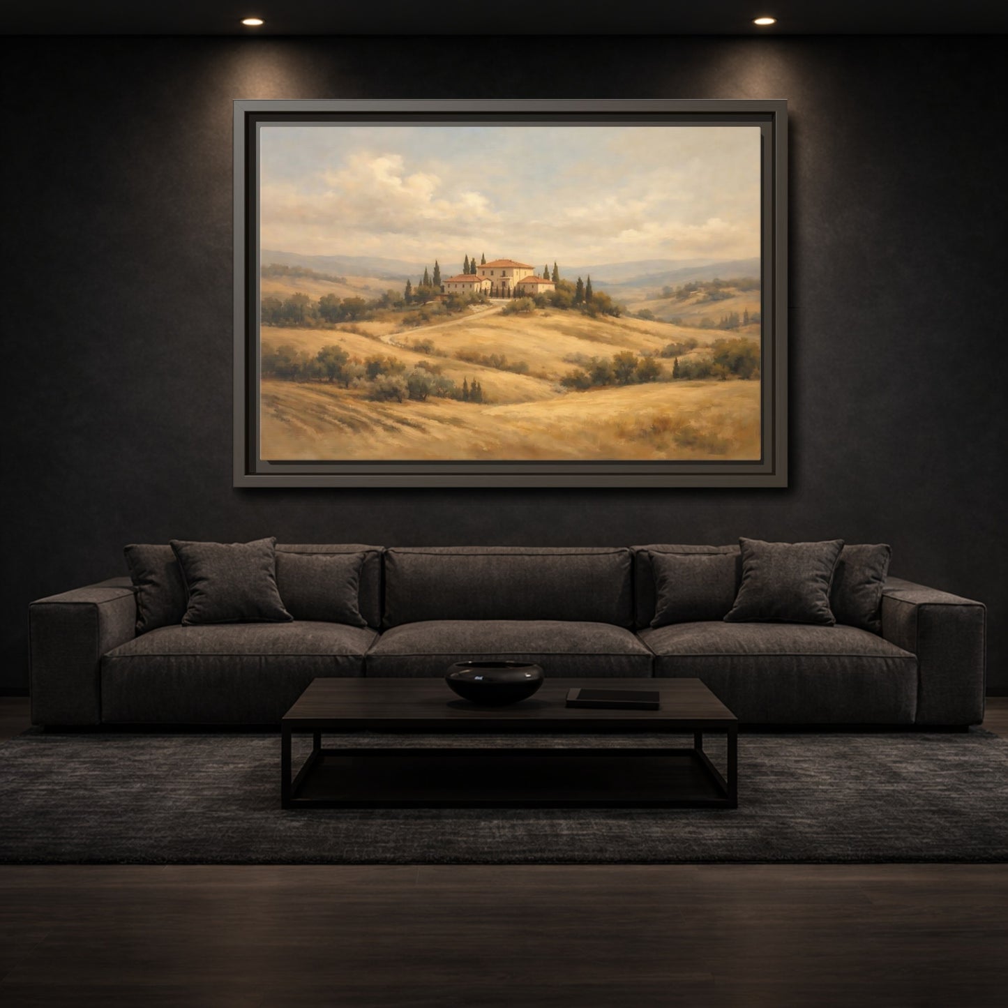 Mockup 2. Nature Tuscan Villa Brown And Gold Landscape shown as stretched canvas wall art