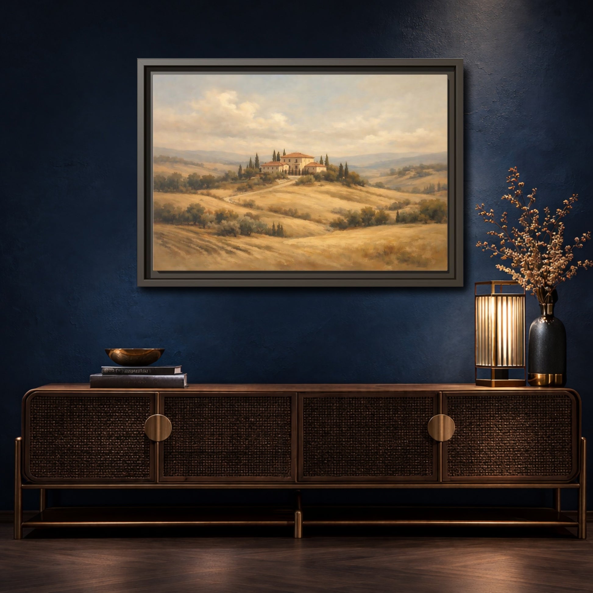 Mockup 4. Nature Tuscan Villa Brown And Gold Landscape shown as stretched canvas wall art