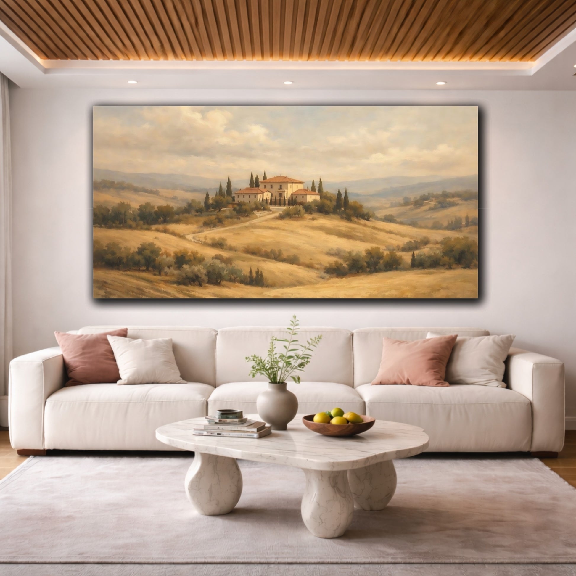 Mockup 3. Nature Tuscan Villa Tuscan Landscape shown as stretched canvas wall art