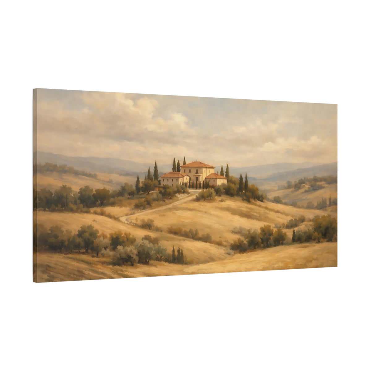 Main Mockup. Nature Tuscan Villa Warm Landscape shown as stretched canvas wall art