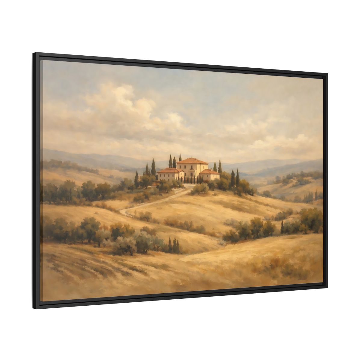 Side Mockup 12. Nature Tuscan Villa Warm Landscape shown as stretched canvas wall art