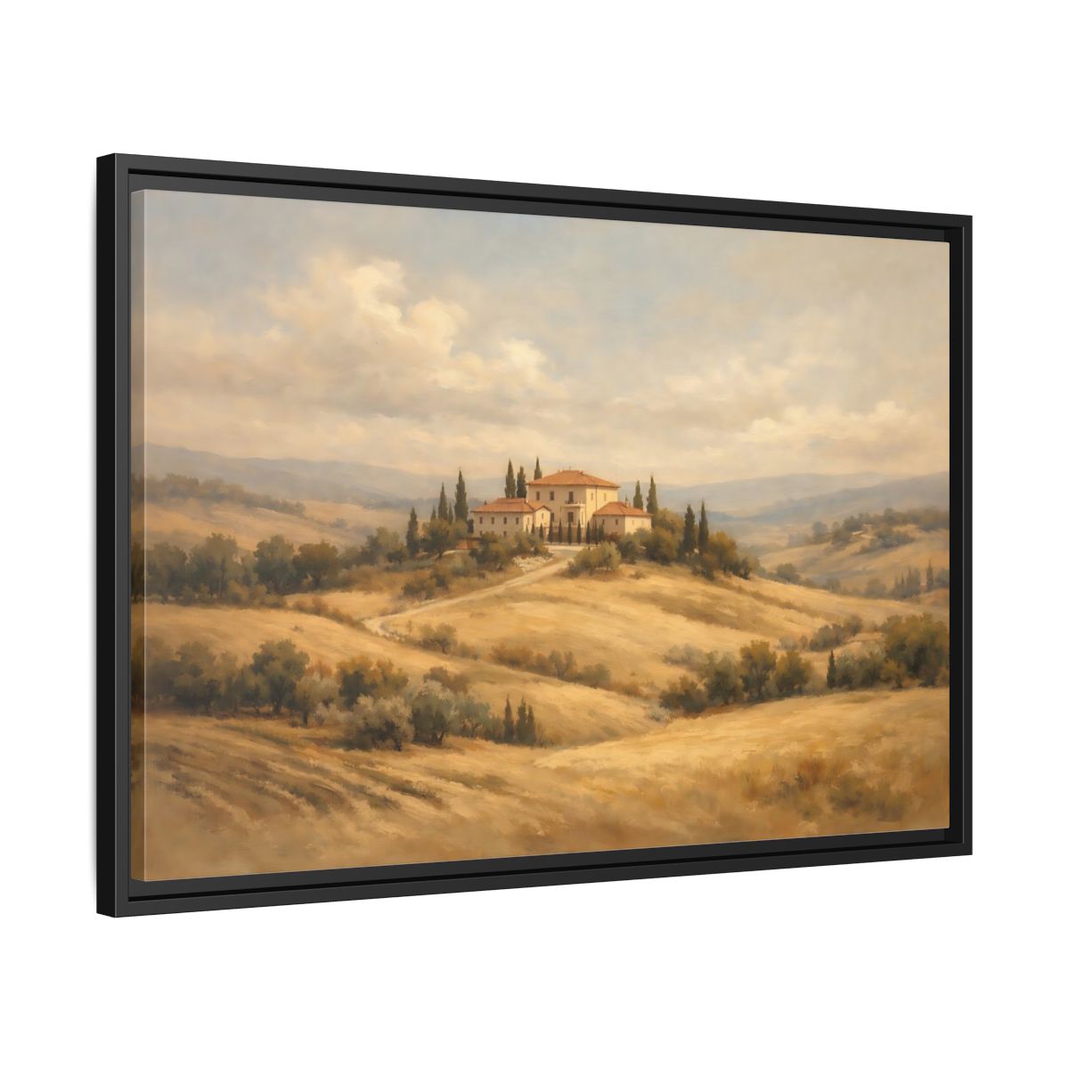 Side Mockup 14. Nature Tuscan Villa Warm Landscape shown as stretched canvas wall art