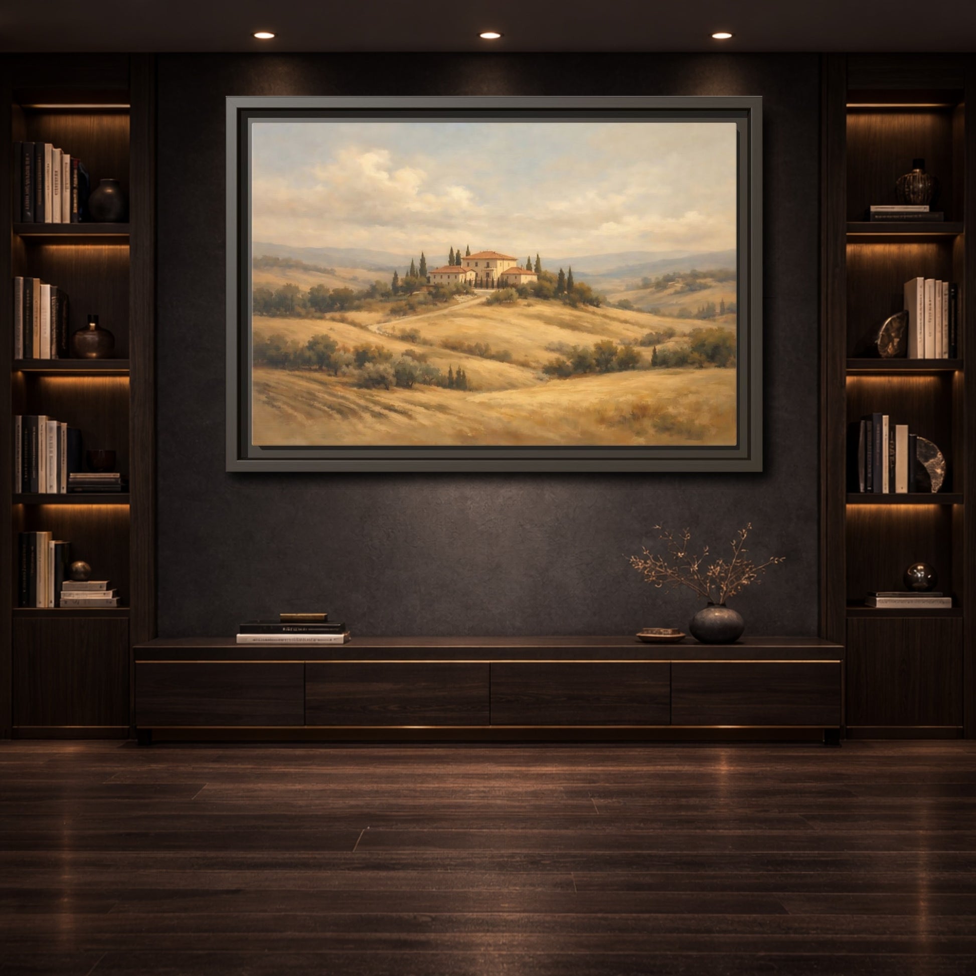Mockup 3. Nature Tuscan Villa Warm Landscape shown as stretched canvas wall art